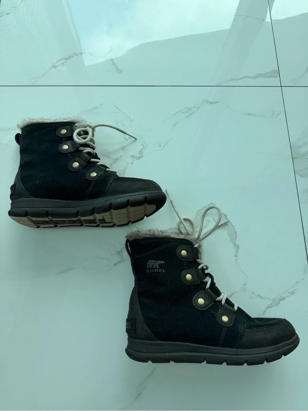 Sorel Black Suede Lace-Up Winter Boot with Faux Fur Trim